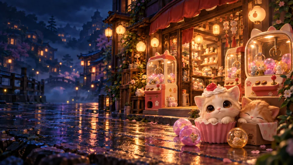 Illustration of cats and rounded claw machines on Lantern Row